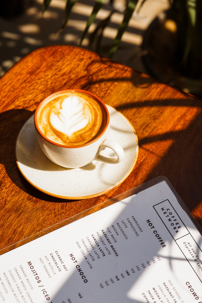 Coffee table flatlay with breakfast